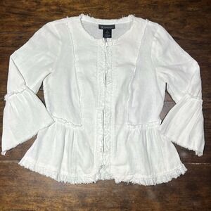 INC Linen Peplum Jacket Womens Small White Raw Edge Bell Sleeve Boho Chic Beachy